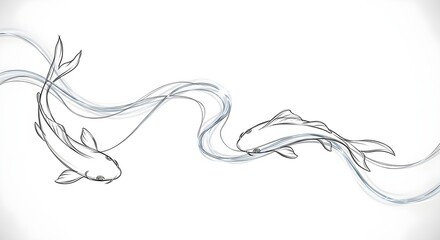 Fototapeta premium Elegant sketch of a koi fish swimming through flowing water, representing a serene aquatic journey