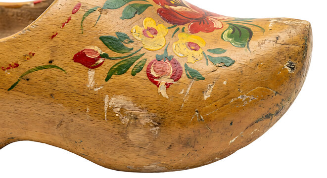 Vintage Dutch Wooden Clog with Painted Floral Design Close Up