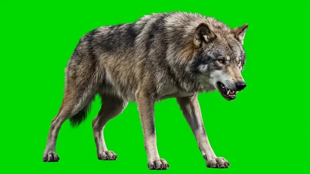 Intense Grey Wolf Captured in a Powerful Stance, Growling with Ferocious Expression on an Isolated Green Screen for Compositing