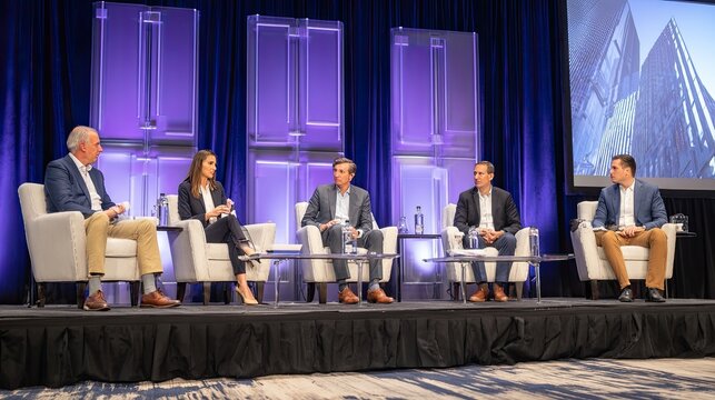 Panel discussion featuring five professionals sharing insights on industry trends at a conference
