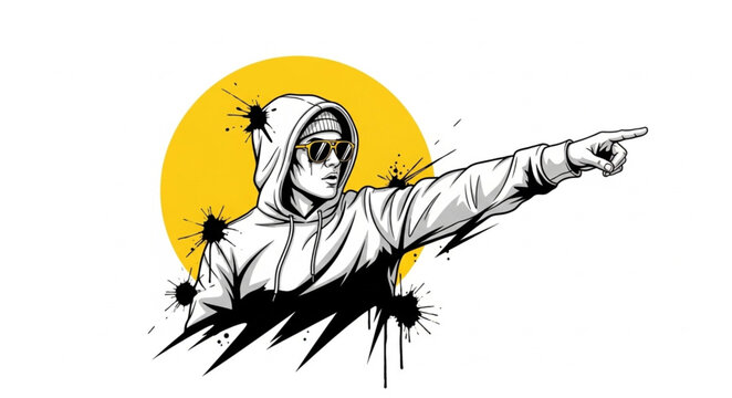 Stylized Illustration of a Person Pointing with Confidence and Wearing Sunglasses.