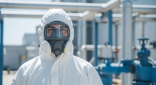 a person wearing a white hazmat suit and full-face respirator mask stands in a chemical industrial plant for safety measures