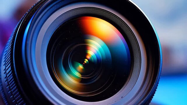 Closeup of camera lens with colorful reflection for Contemporary Lifestyle and Visual Storytelling
