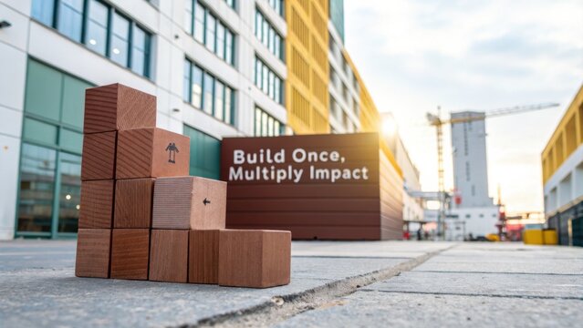 Wooden blocks stacked against modern building facade featuring motivational quote about construction and impact in urban setting