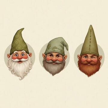 Three cartoon gnomes with different beards and hats on a beige background