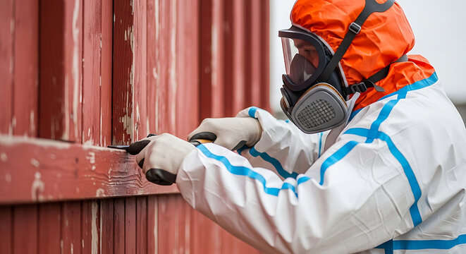 worker in hazmat suit respirator mask lead paint removal on wooden wall for asbestos abatement.