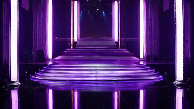Purple illuminated staircase and columns for Digital Transformation and Cyber Infrastructure