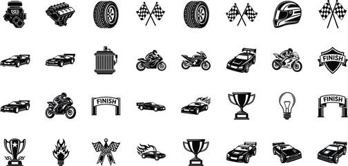 Fototapeta premium Large collection of auto racing and motorsport icons featuring sports cars motorcycles engines checkered flags trophies and finish line banners for competition.