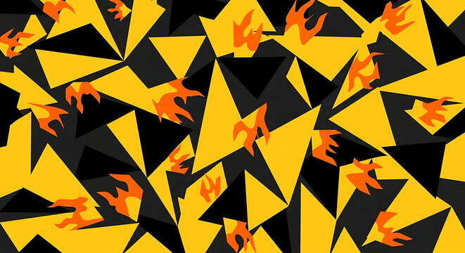 abstract pattern of geometric yellow and black triangles with dynamic orange fire flames ideal for modern design and digital backgrounds
