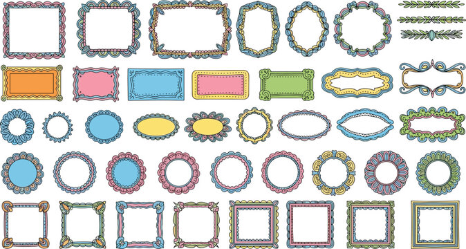 Large collection of colorful hand drawn vintage frames and borders in various shapes including circles rectangles and ovals for decorative graphic design projects.
