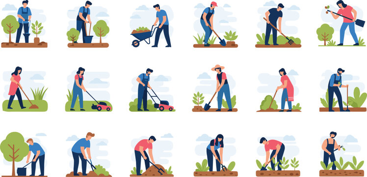 Large collection of flat vector illustrations featuring people gardening planting trees mowing lawns and working in the backyard for landscaping services.