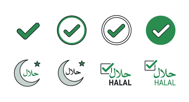 Halal Certified Icons: Checkmarks and Crescent Moon Symbols