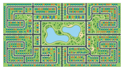 Obraz premium Aerial Top View Vector Map of a Planned Suburban Residential Neighborhood with Houses, Central Park, and Lake
