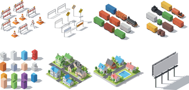 Isometric urban infrastructure set with residential houses freight trains cargo containers road barriers and blank billboard for city map creation