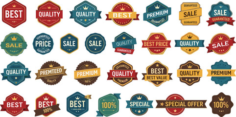 Naklejka premium Premium collection of vintage sale badges and quality labels featuring best price guarantee stickers with elegant ribbons and crowns for commercial retail promotion and high-end brand marketing tags.