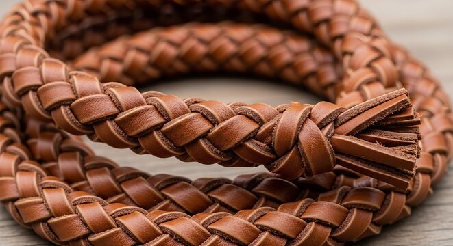 Close up of a braided leather cord on a wooden surface
