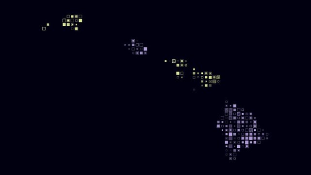 Hawaii animated shape. Pulsating colored dots on the map of the state. Small size square blocks. Digital style Hawaii map on dark background. Simple animation video.