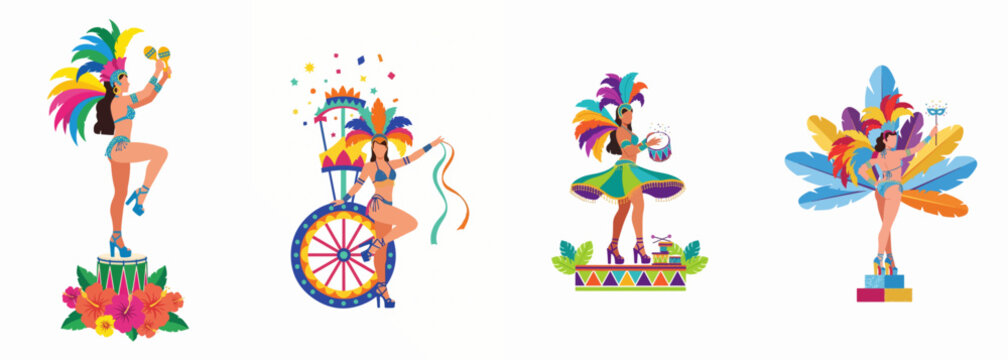 Collection of four carnival dancers in traditional Brazilian outfits with vibrant feathers and musical instruments isolated on white background