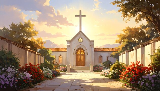 Serene church illustration with a golden sky and blooming garden scenery