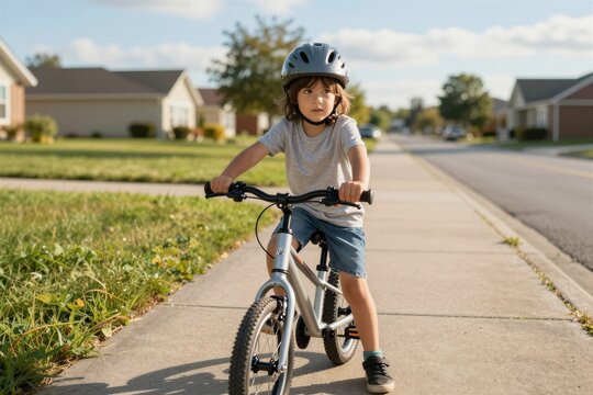 Young boy riding bicycle on suburban sidewalk in neighborhood