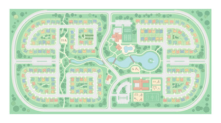 Obraz premium Suburban Residential Master Plan Illustration Featuring Houses, Parks, Community Lake, and Sports Facilities in a Green Neighborhood Layout