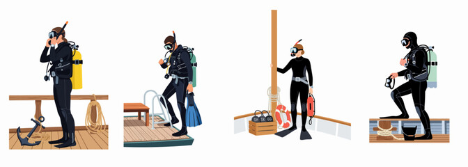 Set of illustrations showing male and female scuba divers in full gear preparing for a dive on boat decks and docks © Payandu
