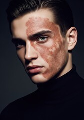 Fototapeta premium Young man poses for a portrait while showcasing a distinctive skin condition on his face.