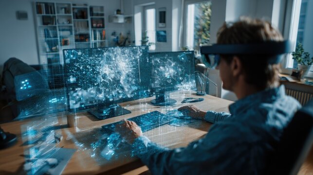 Person using augmented reality headset while interacting with holographic displays in a modern office