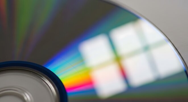 Close up of a cd rom reflecting vibrant colors and window details