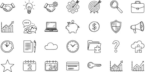 Fototapeta premium Doodle Business Icons Set. Hand-Drawn Sketchy Vector Illustrations of Finance, Marketing, Startup, and Success Concepts for Web and Mobile Apps.