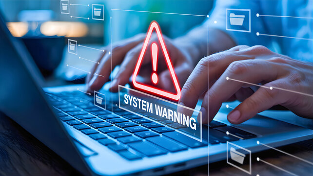 System warning on a laptop screen with a red exclamation mark, indicating a potential cyber threat or data breach