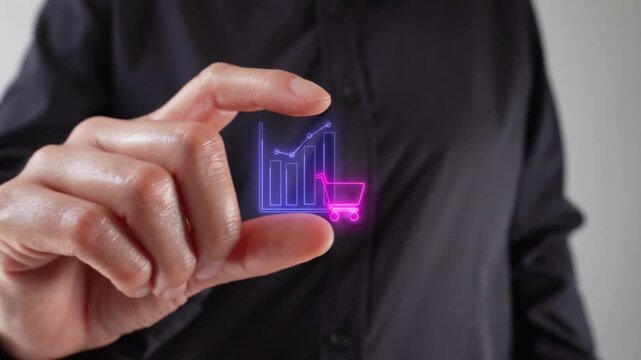 Close-up of a woman's hands holding a virtual icon of a bar graph with a shopping cart between her two fingers. Purchase performance and sales metrics.