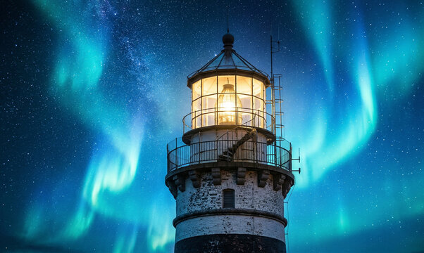 A tall white lighthouse tower stands as a glowing beacon against the dark night sky, casting light over the coastal sea and rocky beach to provide safe navigation along the nautical landscape