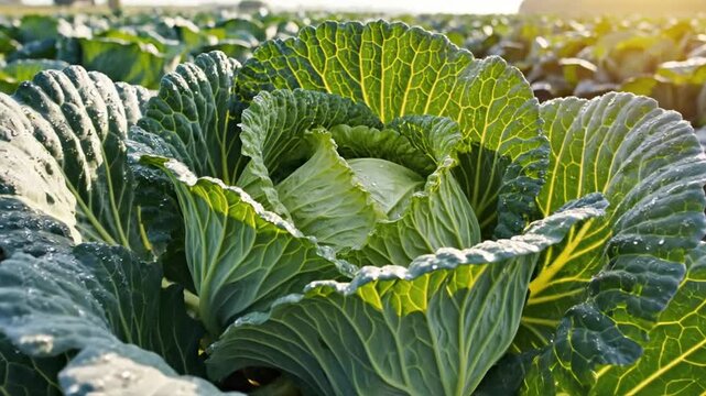 Fresh green cabbage plants growing in agricultural field at sunset