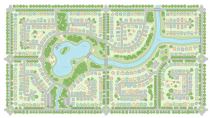 Fototapeta premium Aerial Top View of a Sustainable Residential Master Plan with Central Lake, Parks, and Modern Housing Neighborhood Layout