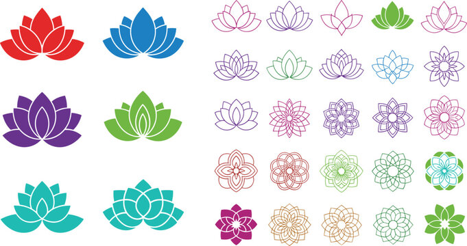 Colorful Lotus Flower Icon Set with Mandala Style Floral Symbols for Yoga, Meditation, Wellness, Spa, and Decorative Design Elements
