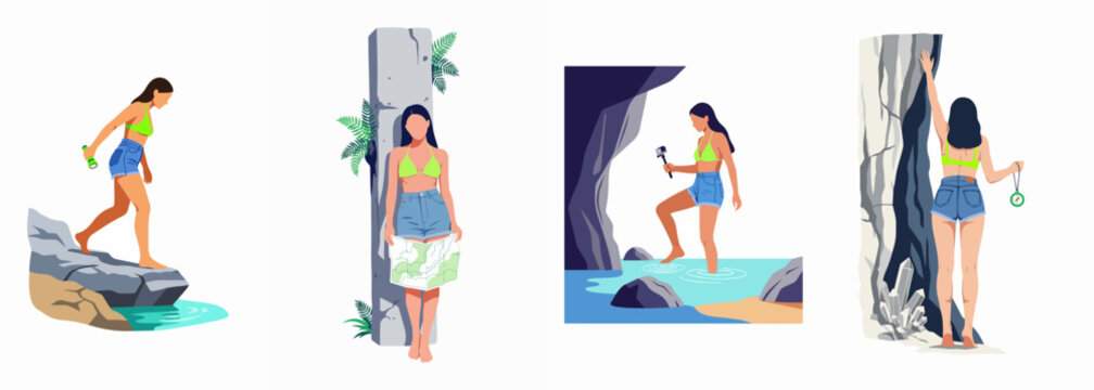 Vector illustration collection of a female explorer on a summer adventure journey exploring caves, mountains, and coastal landscapes with hiking gear.