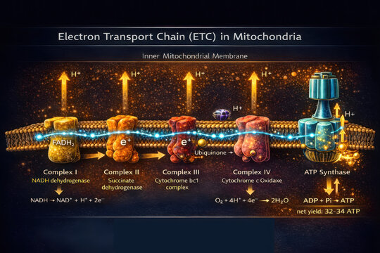 Electron transport chain diagram illustrates process of cellular respiration mitochondria, showcasing energy production and biochemical reactions