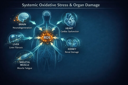 Systemic oxidative stress impacts various organs, leading to neurodegeneration, cardiac dysfunction, liver fibrosis, renal damage, and muscle
