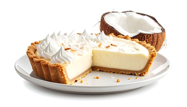 A slice of creamy, white pie with meringue and shaved coconut. Adjacent to it, half of a coconut shell. All on a white plate