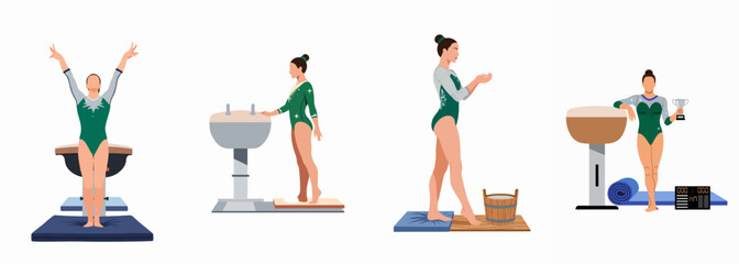 Set of female gymnast illustrations performing on vault horse, preparing with chalk, and celebrating with a trophy in green and silver leotards. © Payandu
