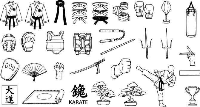 Detailed Black and White Vector Icon Set of Martial Arts Equipment, Uniforms, Weapons, Protective Gear, Training Tools, and Traditional Japanese Symbols, ideal for Karate and Combat Sports