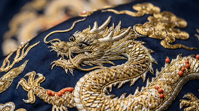 Elegant traditional Chinese dragon embroidery in gold and silver thread on navy blue silk fabric featuring intricate pearl and coral bead details