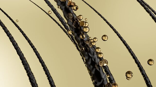 3D animation showing dry and damaged hair strands with rough surfaces. Multiple golden serum droplets absorb into the hair fibers, making the strands smoother and shinier. Hair repair and nourishment 