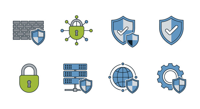Cyber Security Icons: Firewall, Lock, Shield, Server, Globe, Gear