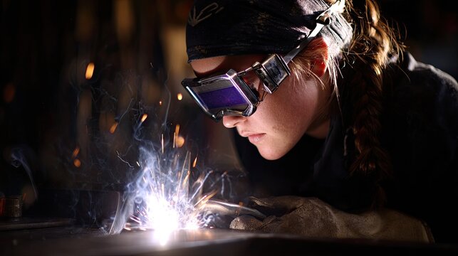 Young woman welding metal with protective gear, sparks flying, in a workshop environment