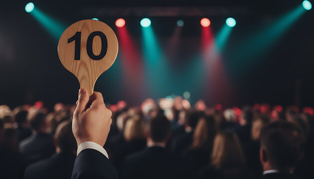 Person raises wooden paddle with number 10 at live auction event. Blurred audience watches auctioneer under spotlights. Bidding process for art or goods. Auction Event & Collectibles