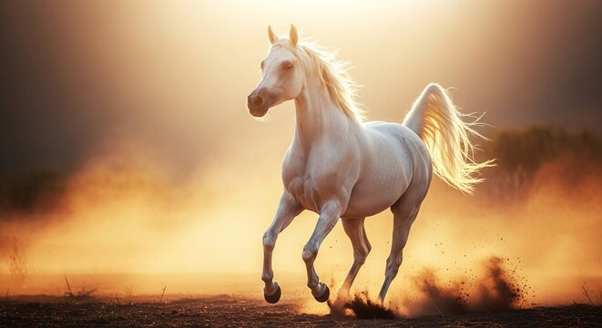 Majestic White Arabian Horse Galloping Through a Sun-Drenched Desert Landscape at Golden Hour