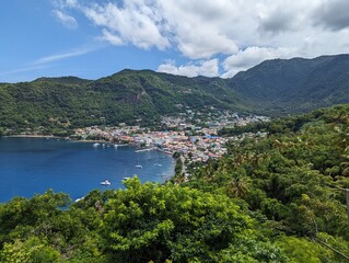 Obraz premium Scenic view of the town of Soufriere in southwestern coast of Saint Lucia