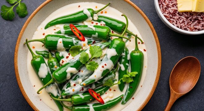 Bhutanese ema datshi with green chilies in creamy cheese sauce served in traditional wooden bowl